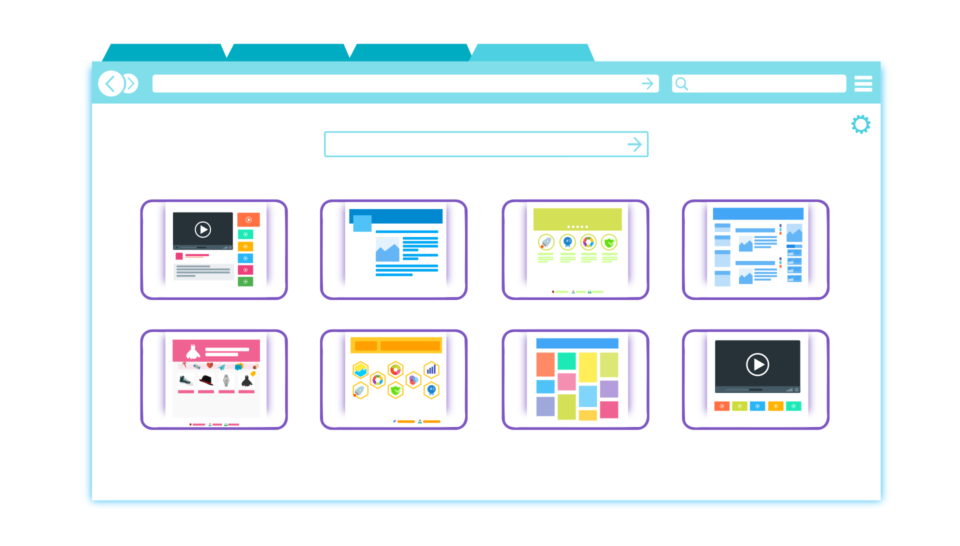 Illustration eines Browserfensters mit vier geöffneten Registerkarten, einer Suchleiste und acht in zwei Reihen angeordneten Miniaturvorschauen verschiedener Website-Layouts, die die Designelemente von Alles auf Chromium hervorheben.