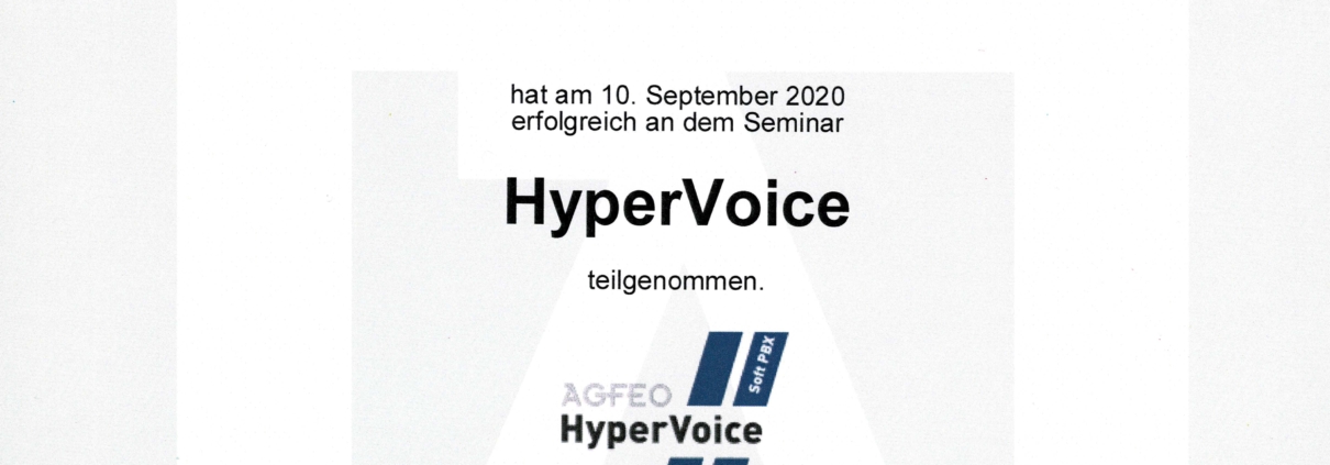 Zertifikat an Benjamin Krieg von KRIEG IT-SYSTEMHAUS für die erfolgreiche Teilnahme am AGFEO HyperVoice Seminar zur Installation, Konfiguration und Lizenzierung am 10. September 2020.