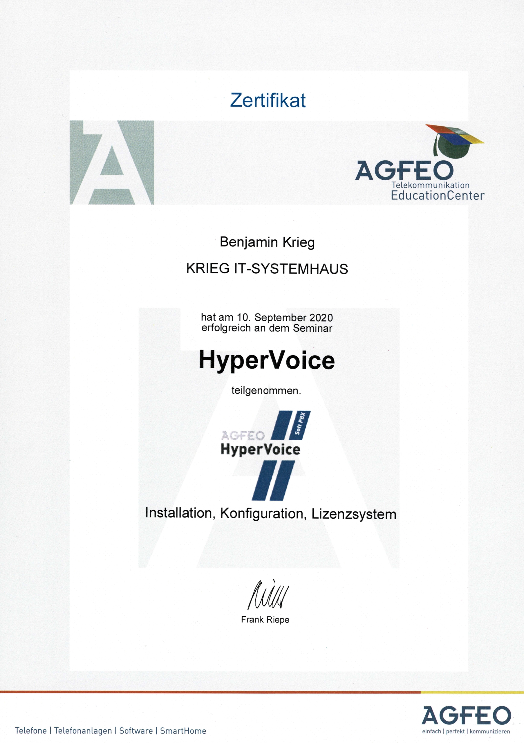 AGFEO-HyperVoice Zertifikat Zertifikat an Benjamin Krieg von KRIEG IT-SYSTEMHAUS für die erfolgreiche Teilnahme am AGFEO HyperVoice Seminar zur Installation, Konfiguration und Lizenzierung am 10. September 2020.