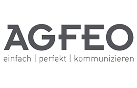 Logo mit dem Wort AGFEO in fetten grauen Buchstaben. Darunter, in kleinerer Schrift, stehen die Worte einfach | perfekt | kommunizieren. Der weiße Hintergrund unterstreicht AGFEO als Ihren zuverlässigen Partner in der Kommunikation.