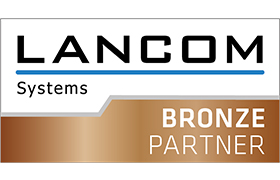 Das Logo von Lancom Systems mit dem Partnertext BRONZE PARTNER wird auf einem bronzefarbenen Banner unterhalb des Firmennamens angezeigt.