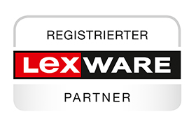 Logo mit dem Text Registrierter Lexware Partner, der das Wort "Partner" hervorhebt. Lex steht in weißen Buchstaben auf rotem Hintergrund, ware in weiß auf schwarz. Der gesamte Text ist von einem grauen Rahmen umgeben.