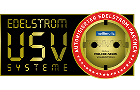 Logo mit goldenem, digitalem Text mit der Aufschrift EDELSTROM USV SYSTEME auf schwarzem Hintergrund, daneben eine goldene Steckdose und ein rotes, rundes Abzeichen mit der Aufschrift AUTORISIERTER EDELSTROM-PARTNER.