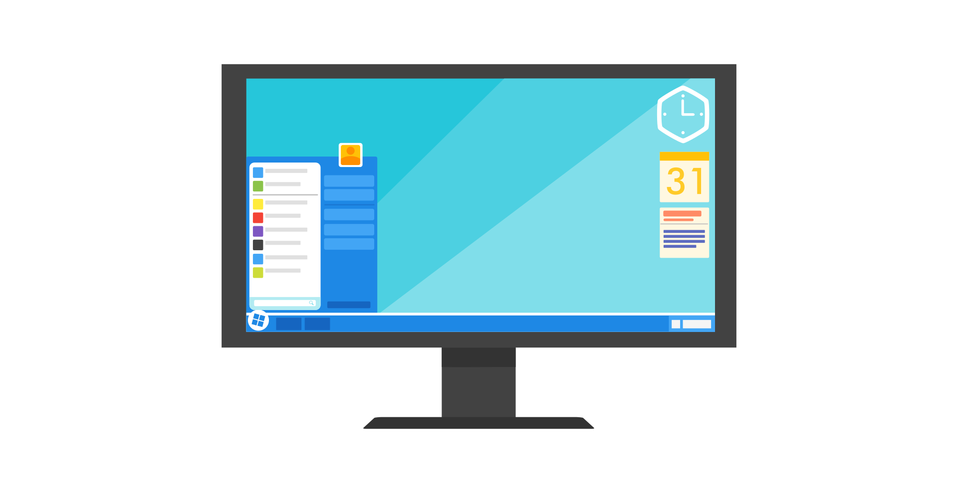 Eine flache Illustration eines Computermonitors, der einen Windows 11-Desktop-Bildschirm mit einer Taskleiste, einem Startmenü, einer Uhr, einem Kalender, der den 5. Oktober, und ein Notiz-Widget auf blauem Hintergrund, das die Veröffentlichung symbolisiert.