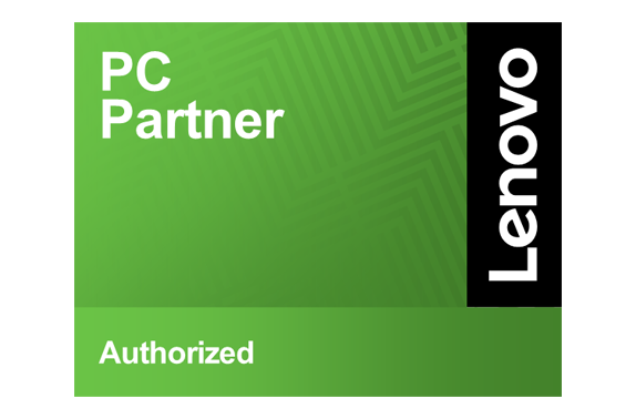 Ein grünes Partnerabzeichen mit den Worten PC Partner und Authorized auf der linken Seite und einem vertikalen schwarzen Balken auf der rechten Seite, der das weiße Lenovo-Logo zeigt.