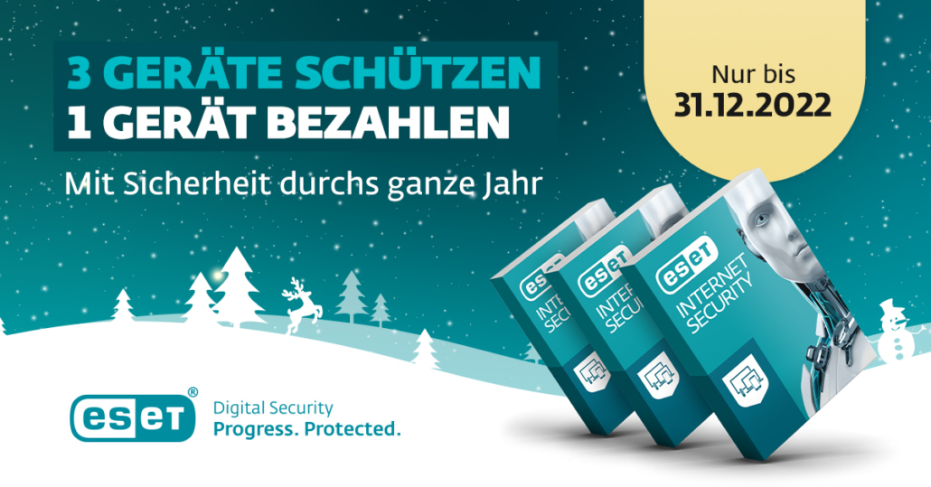 Drei türkisfarbene Softwareverpackungen mit dem ESET-Logo und der Aufschrift 'Internet Security' stehen schräg nebeneinander. Links oben befindet sich ein großer, türkisfarbener Schriftzug: '3 GERÄTE SCHÜTZEN 1 GERÄT BEZAHLEN'. Darunter steht in kleinerer Schrift: 'Mit Sicherheit durchs ganze Jahr'. Rechts oben ist ein gelber Kreis mit dem Text: 'Nur bis 31.12.2022'. Unten links das ESET-Logo mit dem Slogan 'Digital Security. Progress. Protected.'. Der Hintergrund ist hell mit abstrakten, geschwungenen Formen.