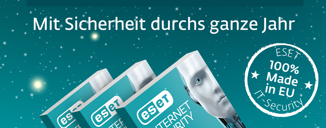 Drei ESET Internet Security Boxen werden mit einem Text gezeigt, der den 3für1 Winteraktion-Virenschutz für 3 Geräte zum Preis von 1 hervorhebt, gültig bis 31.12.2022. Das Design zeigt Bäume, digitale Grafiken und eine EU-Sicherheitsplakette.