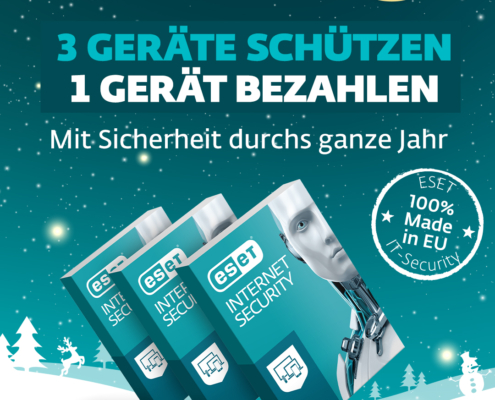 Drei ESET Internet Security Boxen werden mit einem Text gezeigt, der den 3für1 Winteraktion-Virenschutz für 3 Geräte zum Preis von 1 hervorhebt, gültig bis 31.12.2022. Das Design zeigt Bäume, digitale Grafiken und eine EU-Sicherheitsplakette.