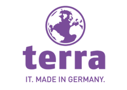 Lila Logo mit einer Weltkugel über dem Wort terra in fetten Kleinbuchstaben, darunter der Text IT. MADE IN GERMANY. und Partner steht darunter. Der Hintergrund ist hellgrau.