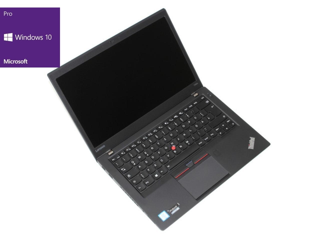 Ein aufgeklappter, dunkelgrauer Laptop mit sichtbarer Tastatur und Touchpad ist schräg von oben fotografiert. Auf dem Gehäuse sind das Lenovo- und das ThinkPad-Logo zu erkennen. Der Bildschirm ist ausgeschaltet. In der linken oberen Ecke befindet sich ein lila Kasten mit den Logos und Schriftzügen von Microsoft, Windows 10 und Pro.
