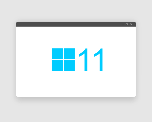 Ein Computerfenster zeigt das Windows 11-Logo mit einem blauen Windows 11-Symbol neben der Zahl 11 auf einem sauberen weißen Hintergrund.