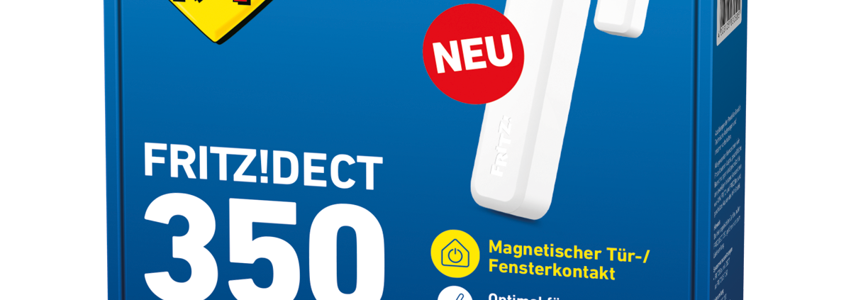 Blaue Verpackung des FRITZ!DECT 350 Türkontakt/Fensterkontakt, eines magnetischen Tür-/Fenstersensors für Smart Home, mit FRITZ!Logo, Produktabbildung und deutschem Text, der die Kompatibilität mit der FRITZ!Box hervorhebt.