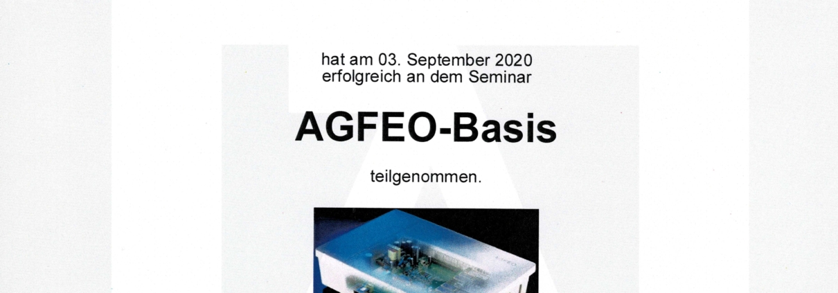Zertifikat an Benjamin Krieg von KRIEG IT-SYSTEMHAUS für die erfolgreiche Teilnahme am AGFEO ES-Basis Seminar und die AGFEO Zertifizierung am 3. September 2020. Enthält Logos, eine Unterschrift und Kursdetails.