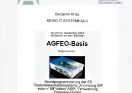 Zertifikat an Benjamin Krieg von KRIEG IT-SYSTEMHAUS für die erfolgreiche Teilnahme am AGFEO ES-Basis Seminar und die AGFEO Zertifizierung am 3. September 2020. Enthält Logos, eine Unterschrift und Kursdetails.