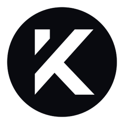 Ein fetter, weißer Buchstabe K in einer modernen, geometrischen Schriftart, die auf den ikonischen Kontakt-Stil verweist, zentriert auf einem soliden schwarzen Kreis mit hellgrauem Hintergrund.