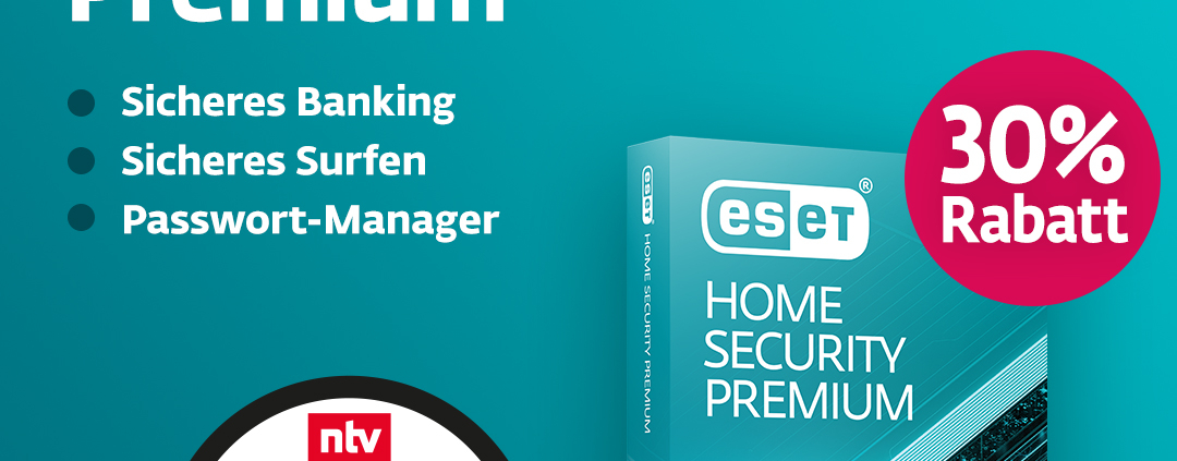 Werbebild für den ESET HOME Security Premium Oster-Sale, zeigt Software-Box, "30% Rabatt"-Badge, Feature-Liste und n-tv German Award Badge für 2023. Der Hintergrund ist türkis mit weißem und türkisfarbenem Text.
