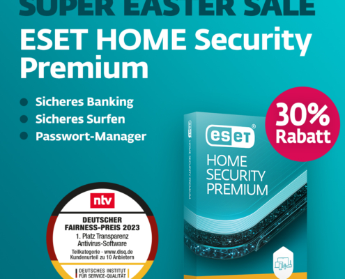 Werbebild für den ESET HOME Security Premium Oster-Sale, zeigt Software-Box, "30% Rabatt"-Badge, Feature-Liste und n-tv German Award Badge für 2023. Der Hintergrund ist türkis mit weißem und türkisfarbenem Text.