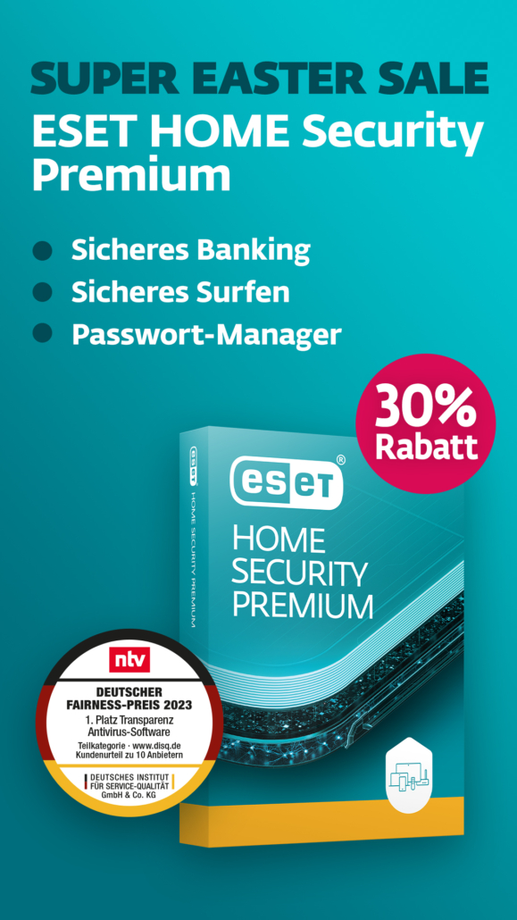 Vertikales Oster-Promotionsbanner für ESET HOME Security Premium mit Angeboten und Vorteilen wie sicherem Surfen, Passwort-Manager und VPN, dazu ein großes ‚30 % Rabatt‘-Emblem; links unten ist eine fröhliche Person mit Laptop abgebildet, umgeben von pastell-farbenen Oster-Elementen auf hellblau-türkisfarbenem Hintergrund.