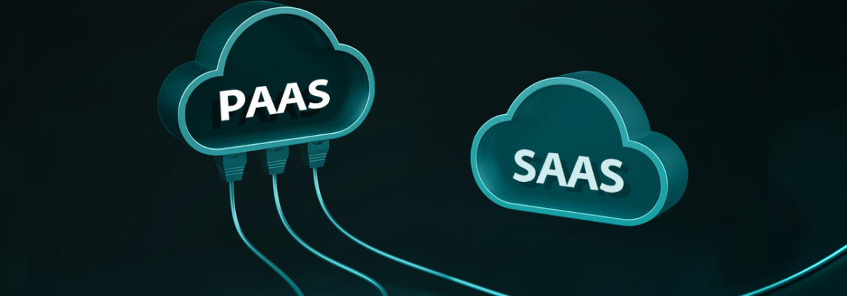 Zwei Cloud-Symbole auf dunklem Hintergrund, eines mit der Aufschrift PaaS und drei Kabeln, das andere mit der Aufschrift SaaS und zwei Kabeln, stehen für Cloud-Computing-Dienste für Unternehmen.