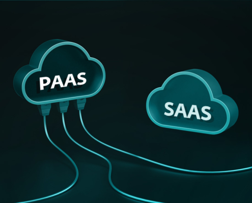 Zwei Cloud-Symbole auf dunklem Hintergrund, eines mit der Aufschrift PaaS und drei Kabeln, das andere mit der Aufschrift SaaS und zwei Kabeln, stehen für Cloud-Computing-Dienste für Unternehmen.