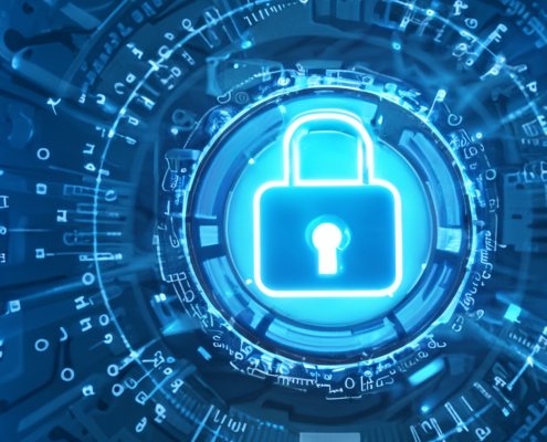 Ein leuchtend blaues Vorhängeschloss, umgeben von digitalen Schaltkreismustern und Datensymbolen, steht für Cybersicherheit und kostenlosen Virenschutz für einen verbesserten digitalen Schutz.