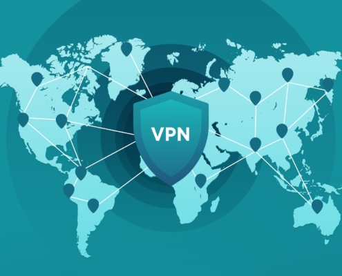 Eine digitale Illustration einer Weltkarte mit Standortmarkierungen, die durch Linien verbunden sind, überlagert von einem großen Schild mit der Aufschrift VPN in der Mitte, hebt die Bedeutung von VPN und die globale Internetsicherheit durch virtuelle private Netzwerke hervor.