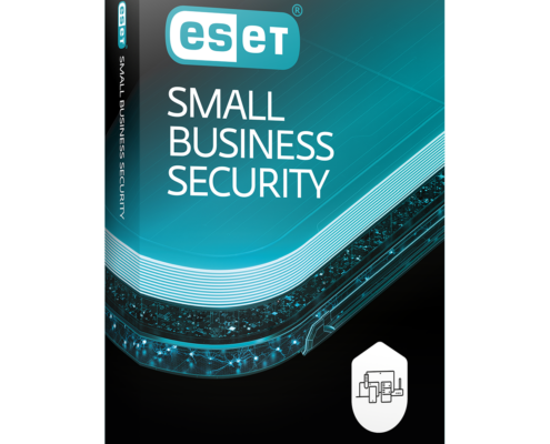 Eine 3D-gerenderte Box der ESET Small Business Security Software, entwickelt für Kleinstbetriebe und Home Office, mit einem blau-schwarzen Design mit dem ESET-Logo und einem weißen Symbol für verbundene Geräte auf der Vorderseite.
