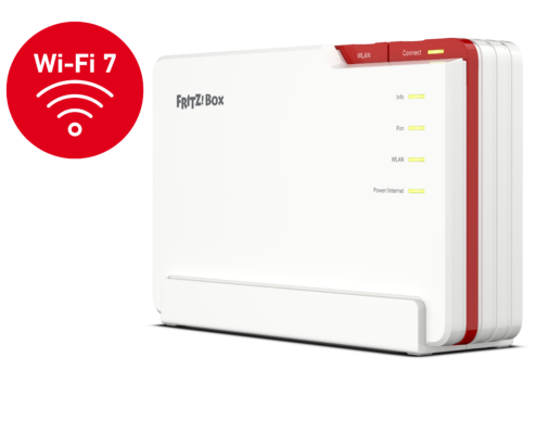 Eine weiße FRITZ!Box Router mit roten Akzenten steht auf einer weißen Fläche. Auf der Vorderseite leuchten vier LED-Anzeigeleuchten. Ein rotes Wi-Fi 7-Symbol und der Schriftzug "Glasfaser" auf der linken Seite weisen auf die schnellen Glasfaserfähigkeiten hin.