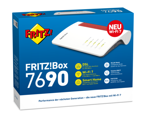 Eine blau-weiße AVM FRITZ!Box 7690 Produktverpackung zeigt den Wi-Fi-Router und hebt Funktionen wie DSL, Wi-Fi 7, Smart Home und ein rotes NEU Wi-Fi 7 Label in deutscher Sprache hervor.