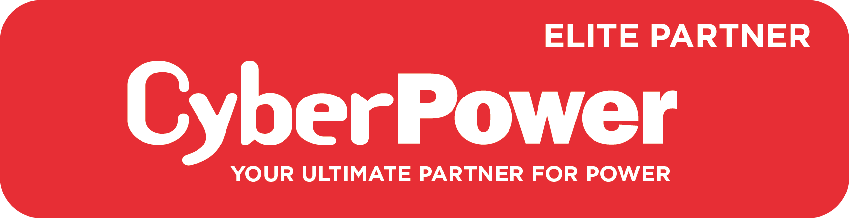 Rotes rechteckiges Banner mit weißem Text: ELITE PARTNER in der oberen rechten Ecke, CyberPower in der Mitte und YOUR ULTIMATE PARTNER FOR POWER unterhalb des Hauptlogos - Ihr zuverlässiger Partner für Energielösungen.