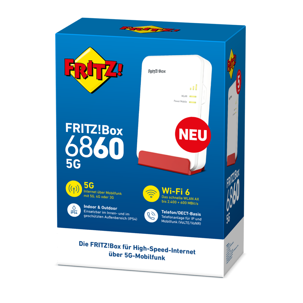 Eine Produktverpackung für den 5G-Router FRITZ!Box 6860 mit Branding, Gerätebild und Symbolen für 5G-Unterstützung, Wi-Fi 6, Innenbereich/Außeneinsatz und "NEU" in einem roten Kreis.