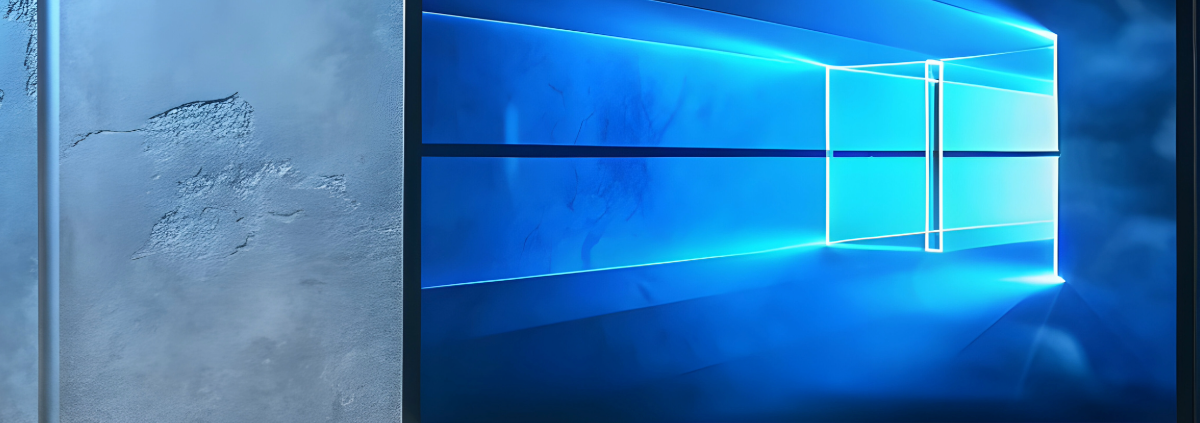 Auf einem hellen Schreibtisch steht ein Laptop mit dem Anmeldebildschirm von Windows 10, daneben eine kabellose Maus, die auf die Unterstützung hinweist, auf die sich die Benutzer verlassen, mit einer strukturierten grauen Wand im Hintergrund.