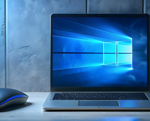 Auf einem hellen Schreibtisch steht ein Laptop mit dem Anmeldebildschirm von Windows 10, daneben eine kabellose Maus, die auf die Unterstützung hinweist, auf die sich die Benutzer verlassen, mit einer strukturierten grauen Wand im Hintergrund.