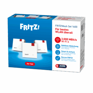 Box von FRITZ! Mesh-WLAN Set 1600 Wi-Fi-Geräte mit den Bezeichnungen 3er-Set und 3.000 MBit/s Wi-Fi 6. Die blau-weiße Verpackung zeigt Produktbilder, deutsche Texte und hebt die fortschrittliche FRITZ!-Netzwerkfähigkeit für Wi-Fi 7 der nächsten Generation hervor.