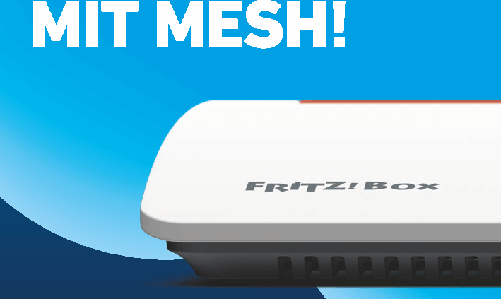 Auf blauem Hintergrund ist ein weißer FRITZ!Box-Router zu sehen, darüber der Schriftzug MEHR WLAN MIT MESH!, der die Mesh-WLAN-Technologie und das FRITZ!Logo in der linken unteren Ecke hervorhebt.
