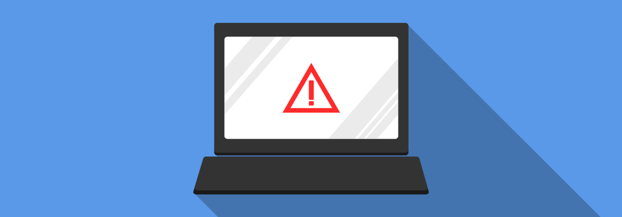 Auf dem Bildschirm ist ein Laptop mit einem Warnsymbol - einem roten Dreieck mit Ausrufezeichen - zu sehen, das auf IT-Sicherheitsbedenken hinweist. Der Hintergrund ist blau und der Laptop wirft einen langen Schatten nach rechts.