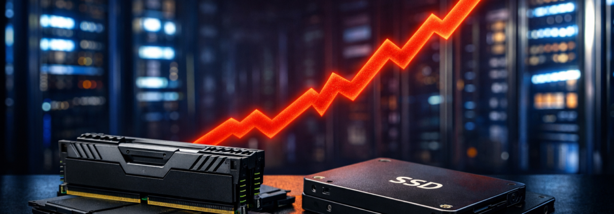 Computer-RAM-Sticks und SSD-Laufwerke sind auf einem Tisch mit einem leuchtenden roten Pfeil nach oben dargestellt, der den Anstieg der Speicherpreise bis 2026 andeutet, mit verschwommenen Server-Racks im Hintergrund.
