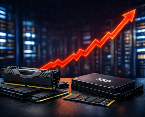 Computer-RAM-Sticks und SSD-Laufwerke sind auf einem Tisch mit einem leuchtenden roten Pfeil nach oben dargestellt, der den Anstieg der Speicherpreise bis 2026 andeutet, mit verschwommenen Server-Racks im Hintergrund.