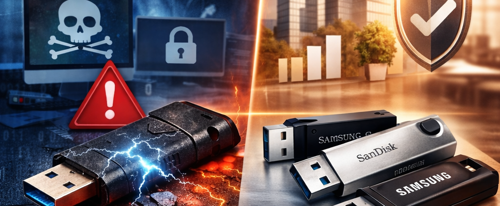 Ein geteiltes Bild zeigt auf der einen Seite einen kaputten USB-Stick mit Warnsymbolen und einer Kapuzenfigur, auf der anderen Seite hochqualitative USB-Sticks mit Sicherheits- und Cloud-Symbolen in einem hellen Büro, die für Datensicherheit und Cyberbedrohungen stehen.