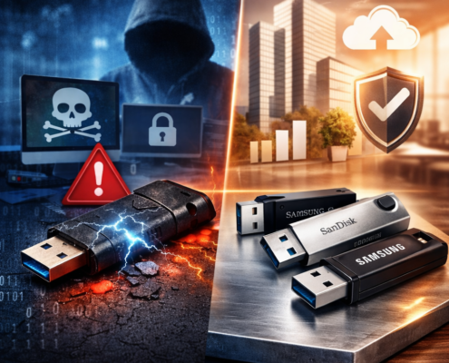 Ein geteiltes Bild zeigt auf der einen Seite einen kaputten USB-Stick mit Warnsymbolen und einer Kapuzenfigur, auf der anderen Seite hochqualitative USB-Sticks mit Sicherheits- und Cloud-Symbolen in einem hellen Büro, die für Datensicherheit und Cyberbedrohungen stehen.
