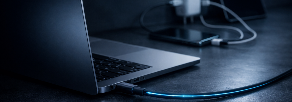 Ein leuchtendes USB-C-Pflicht-Ladekabel verbindet Laptops auf einem dunklen Schreibtisch mit einer Stromquelle, während im Hintergrund auch ein Smartphone und ein Tablet geladen werden. Die blau beleuchtete Szene ist ein Hinweis auf den im April 2026 kommenden Universalstandard.