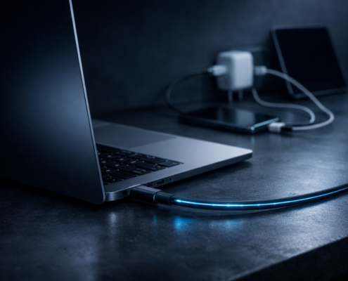Ein leuchtendes USB-C-Pflicht-Ladekabel verbindet Laptops auf einem dunklen Schreibtisch mit einer Stromquelle, während im Hintergrund auch ein Smartphone und ein Tablet geladen werden. Die blau beleuchtete Szene ist ein Hinweis auf den im April 2026 kommenden Universalstandard.