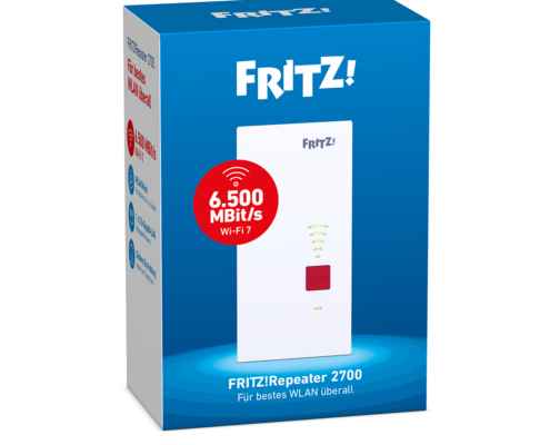 Blaue Produktverpackung für den FRITZ!Repeater 2700 Wi-Fi Extender, Teil des FRITZ!Mesh Set 2700, zeigt ein weißes Gerät und hebt 6.500 MBit/s Wi-Fi 7 in einem roten Kreis hervor. Auf der Verpackung ist ein deutscher Text zu sehen.