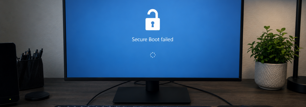 Ein Computermonitor zeigt einen blauen Bildschirm mit einem nicht gesperrten Vorhängeschloss-Symbol und der Meldung Secure Boot failed an, was auf Probleme mit Zertifikaten hinweist. Auf dem Holztisch vor dem Bildschirm befinden sich eine Tastatur, eine Maus, eine Pflanze und eine Lampe.