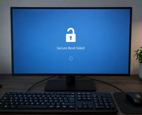 Ein Computermonitor zeigt einen blauen Bildschirm mit einem nicht gesperrten Vorhängeschloss-Symbol und der Meldung Secure Boot failed an, was auf Probleme mit Zertifikaten hinweist. Auf dem Holztisch vor dem Bildschirm befinden sich eine Tastatur, eine Maus, eine Pflanze und eine Lampe.