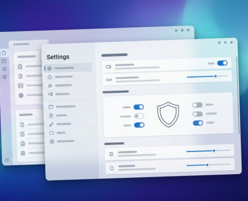 Auf einem Hintergrund mit einem Farbverlauf aus Blau und Violett werden zwei sich überlappende digitale Einstellungsfenster mit verschiedenen Symbolen, Schaltflächen, Schiebereglern und einem Schildsymbol angezeigt, das Funktionen wie den „automatischen Entwurf“ hervorhebt. (KI-generiert)